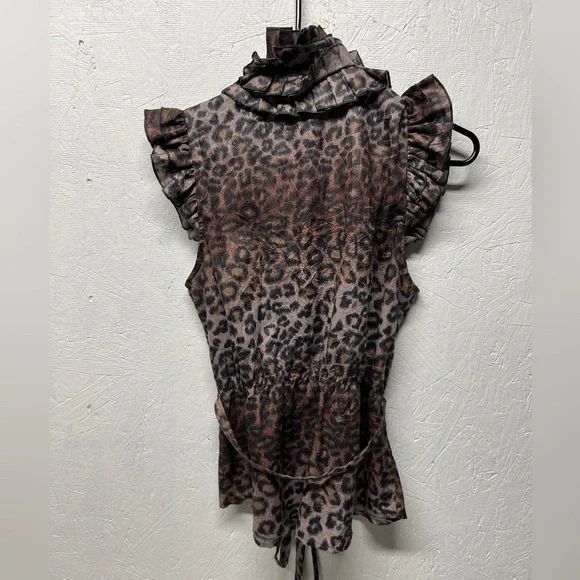 Lapis animal print cheetah ruffle belted sleeveless blouse top button front M - Picture 5 of 8